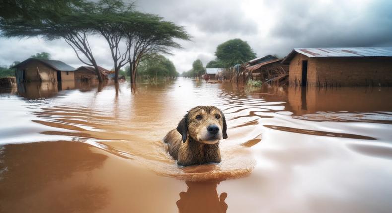 A realistic scene depicting a dog swimming through flood water [Image Credit: DALL·E A]