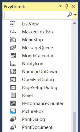 Elementy, które chcemy wykorzystać w oknie tworzonej przez nas aplikacji, wybieramy z Przybornika. Jeśli chcemy wykorzystać menu, wystarczy, że przeciągniemy kontrolkę MenuStrip do modelowanego przez nas okna aplikacji, a następnie określimy, jakie przyciski chcemy w nim umieścić.