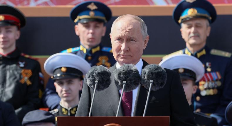 Russian President Vladimir Putin gives a speech during the Victory Day military parade at Red Square in central Moscow on May 9, 2023.Gavriil Grigorov/Sputnik/AFP/Getty Images