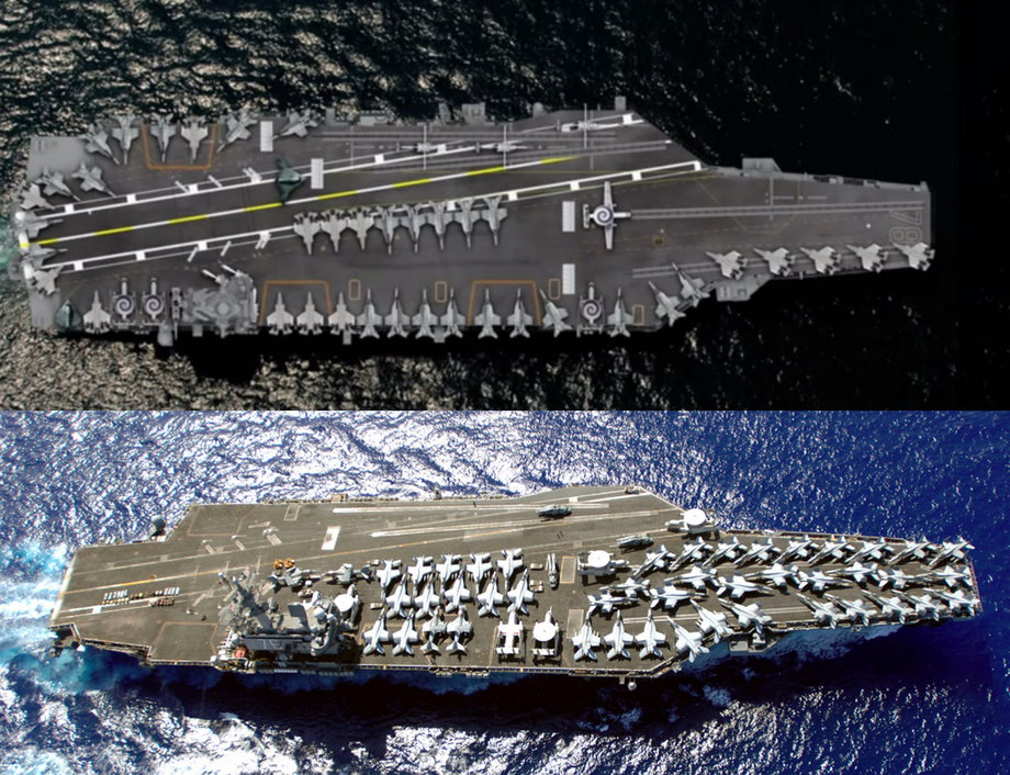 A Nimitz-class aircraft carrier (bottom), compared to a Ford class (top).