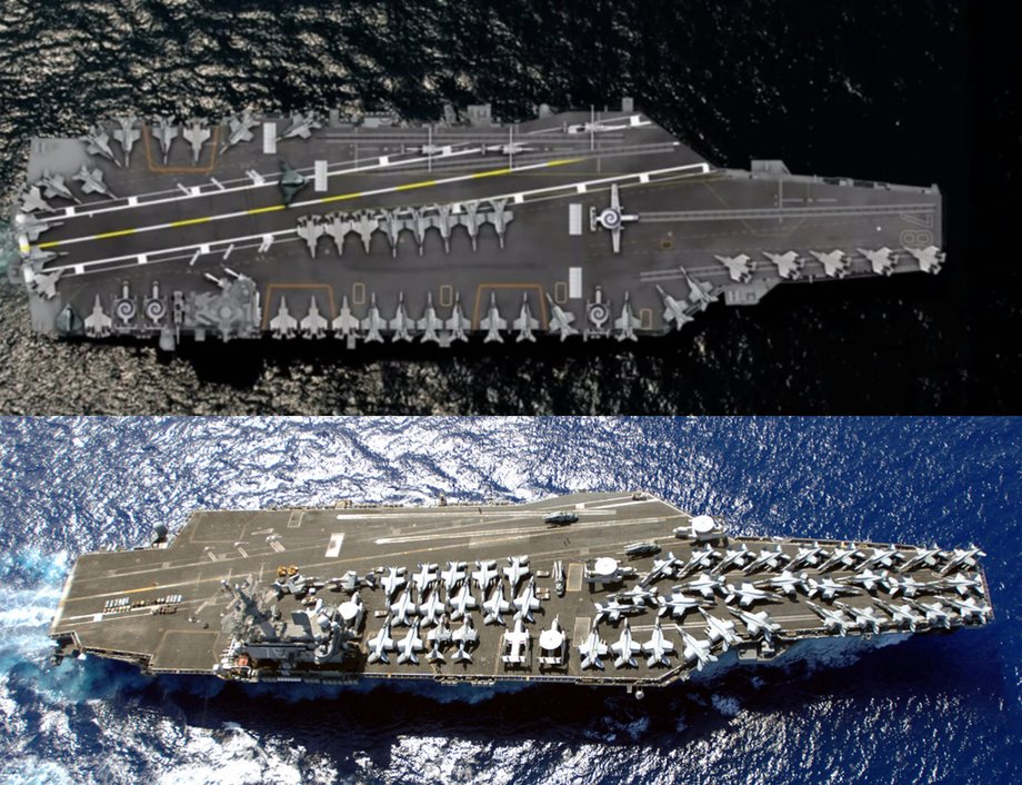 A Nimitz-class aircraft carrier (bottom), compared to a Ford class (top).