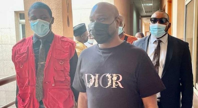 The Dubai-based social media celebrity, Ismaila Mustapha aka Mompha (middle) had been dodging the EFCC for months before he was rearrested [Twitter/@NaijaPR]