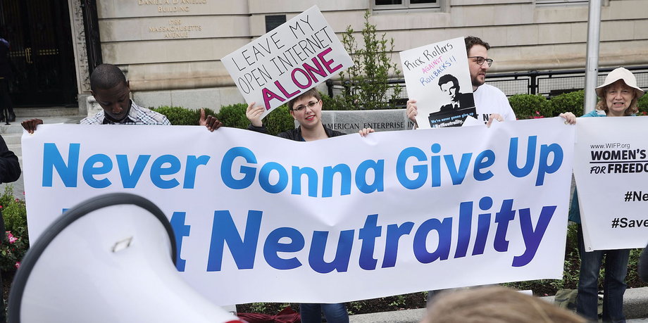 Proponents of net neutrality protesting against Pai outside the American Enterprise Institute before his arrival May 5 in Washington, DC.