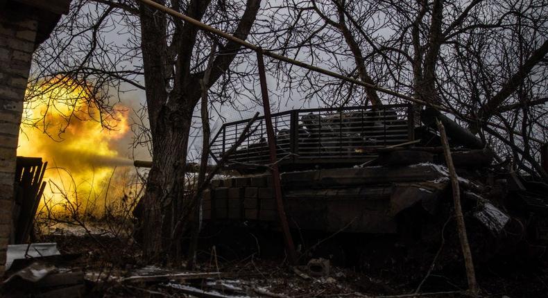 A tank fires a shot during a combat mission against Russian positions on February 19, 2024 in Chasiv Yar, Ukraine.Global Images Ukraine via Getty Images