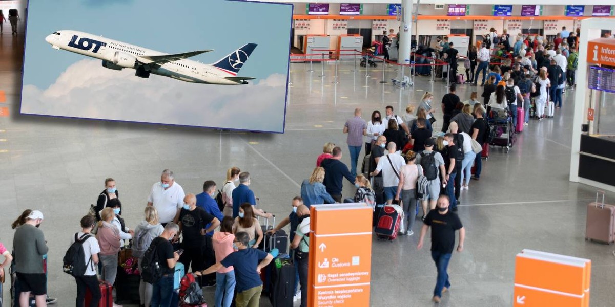 Kolejka do odprawy na Lotnisku Chopina w Warszawie. Na małym zdjęciu: Boeing 787-8 Dreamliner (fot. Kamil Andrukowicz/PLL LOT)