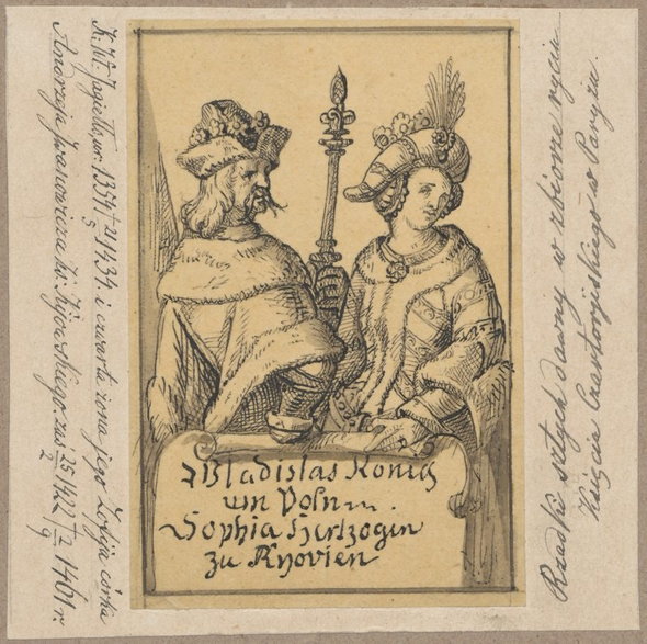 Aleksander Lesser - Władysław Jagiełło i Zofia Holszańska, według sztychu w zbiorze rycin Księcia Czartoryskiego w Paryżu