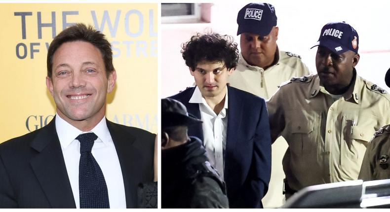 Jordan Belfort, and Sam Bankman-Fried being arrested in the Bahamas on Monday.Rob Kim/Getty Images; REUTERS/Dante Carrer