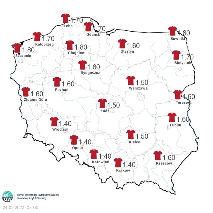 Mapa uwzględniająca termoizolacyjność odzieży w odniesieniu do warunków meteorologicznych. Źródło: IMGW-PIB