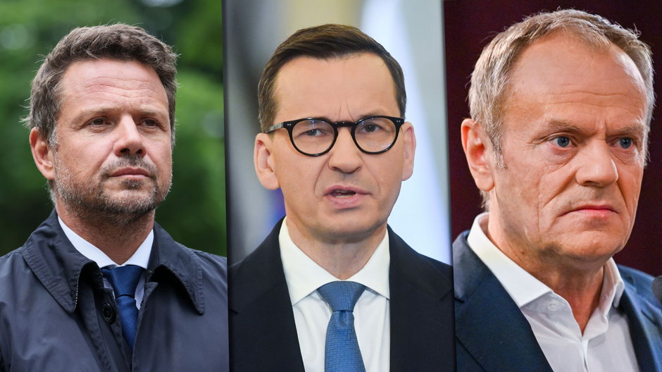 Od lewej: prezydent Warszawy Rafał Trzaskowski, premier Mateusz Morawiecki oraz lider PO Donald Tusk