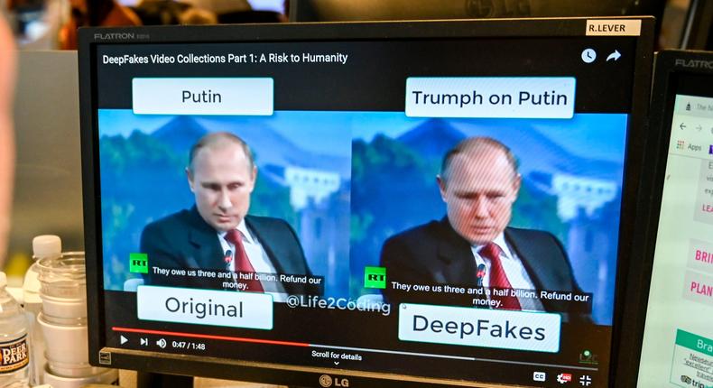 The FBI said on Tuesday that more people were using deepfake videos during job interviews. In this image, a person views a deepfake video on January 25, 2019, manipulated with artificial intelligence to potentially deceive viewers.