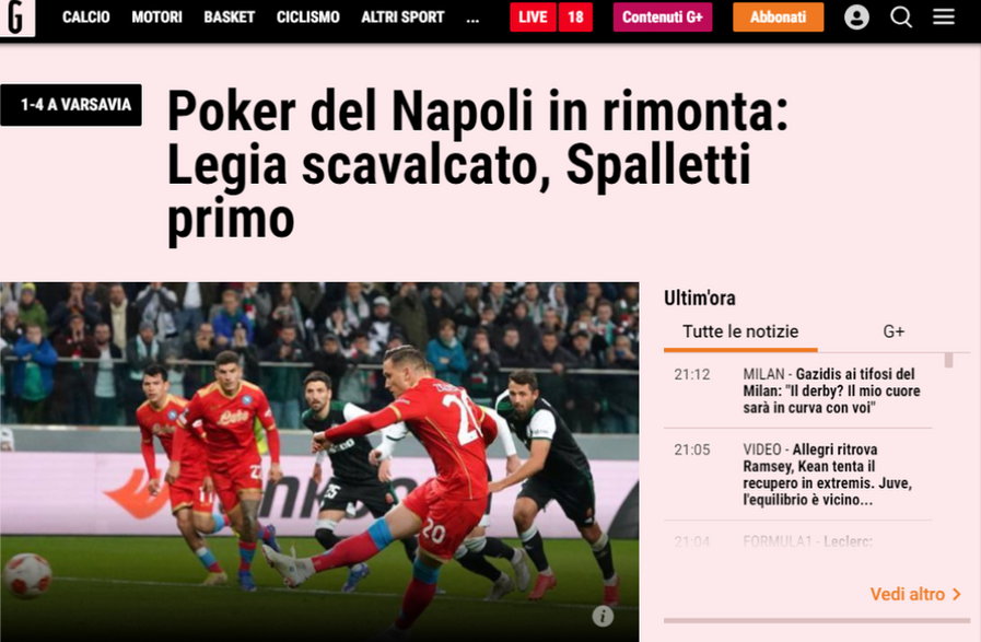 Dziennikarze "La Gazetta dello Sport" zwracają uwagę na pierwszą połowę, w której Legia zaskoczyła Napoli