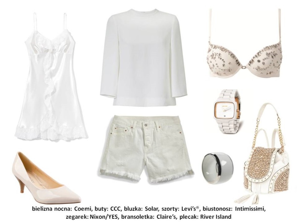 Bielizna nocna Coemi: 265 pln buty CCC: 69,99 pln bluzka Solar: 299 pln szorty Levi’s®: 229 pln biustonosz Intimissimi: 209 pln zegarek Nixon/YES: 1039 pln bransoletka Claire’s: 34,90 pln plecak River Island: 449 pln
