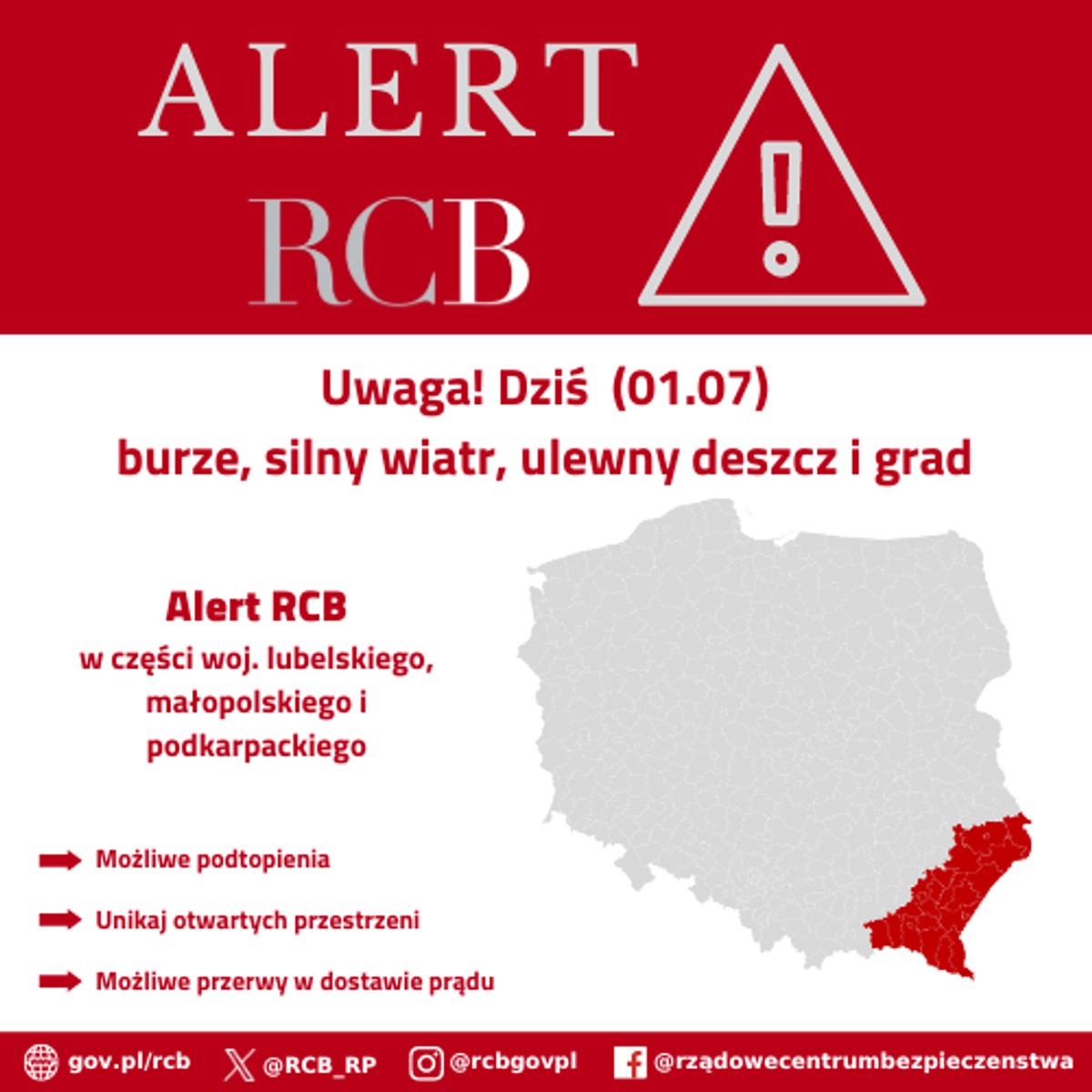 Alert RCB – burze, silny wiatr, ulewny deszcz i grad