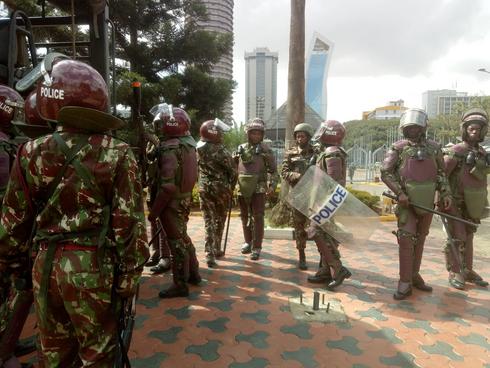 Anti-riot police at the Kenyatta International Convention Centre (KICC) gearing up for Azimio's 