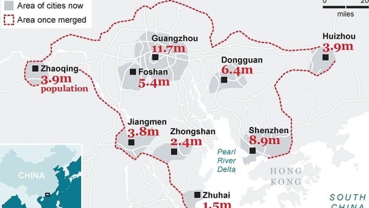 Chiny planują stworzenie największego na świecie megamiasta. W metropolii, która ma powstać z połączenia dziewięciu miast, będą mieszkały 42 miliony ludzi, a jej powierzchnia będzie dwukrotnie większa niż obszar Walii - informuje telegraph.co.uk.