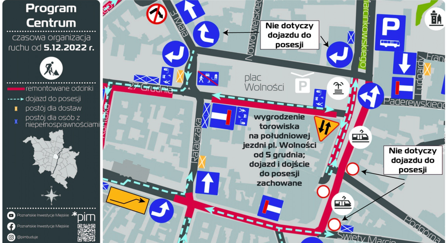 Południowa nitka jezdni placu Wolności w Poznaniu, którą poprowadzona jest trasa tramwajowa, zostanie gruntownie przebudowana w ramach Programu Centrum.