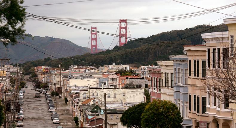 The Golden Gate Bridge frames a shot of San Francisco's Richmond neighborhood, full of NIMBY-friendly single-family homes.
