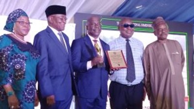 From left: Mrs Rose Ndung, Executive Commission, NUPRC Exploration and Acreages; Malam Isa Modibbo, NUPRC Board Chairman; Gbenga Komolafe, Chief Executive, NUPRC;Prof. Akpofure, Vice-Chancellor, FUPRE and Malam Sabo Lamido, Executive Commission, NUPRC Finance and Account at the award ceremony in FUPRE.