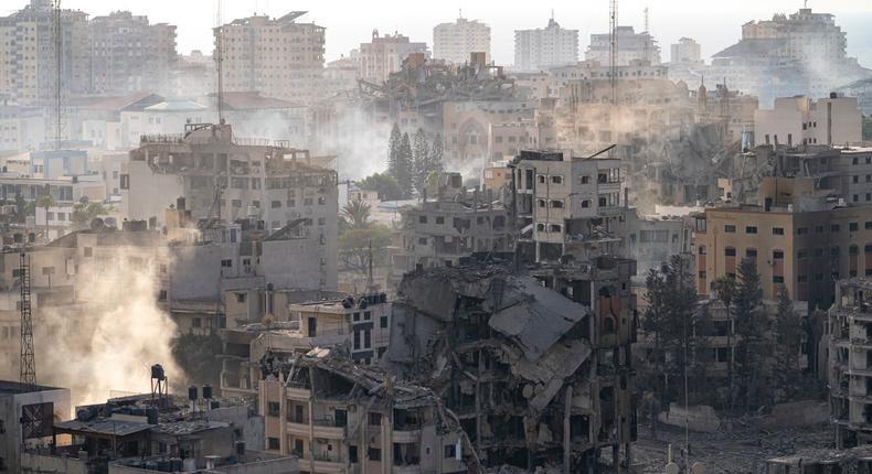 Destruction from Israeli aerial bombardment is seen in Gaza City, Wednesday, Oct. 11, 2023.AP Photo/Fatima Shbair