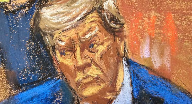 In this courtroom sketch, former President Donald Trump attends the jury selection of his hush-money criminal trial. REUTERS/Jane Rosenberg
