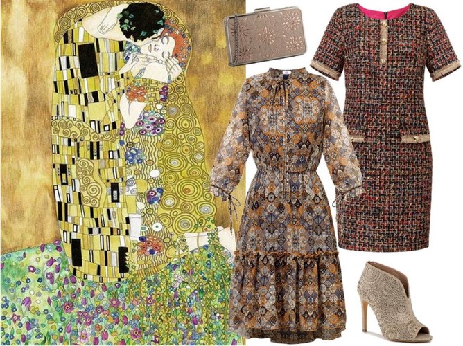 Moda inspirowana sztuką sukienka z falbaną w geometryczne wzory - Midori Feminine Fashion/midori.pl, kolorowa sukienka ze złotymi guzikami - Mefese/ mefese.pl, torebka i buty - Menbur/menbur.pl