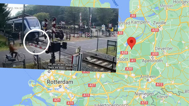 Chwile grozy na przejeździe kolejowym w Holandii. Kobieta cudem uciekła spod kół pociągu [NAGRANIE]