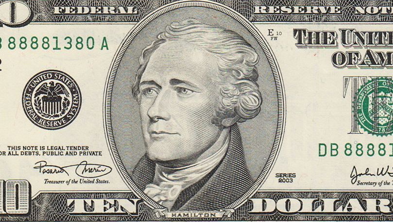 Alexander Hamilton na awersie banknotu dziesięciodolarowego, domena publiczna