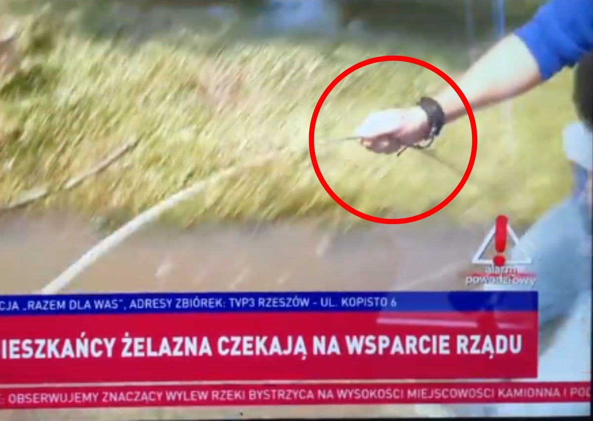 Dziennikarz TVP Info z przewodem linii elektrycznej w dłoni