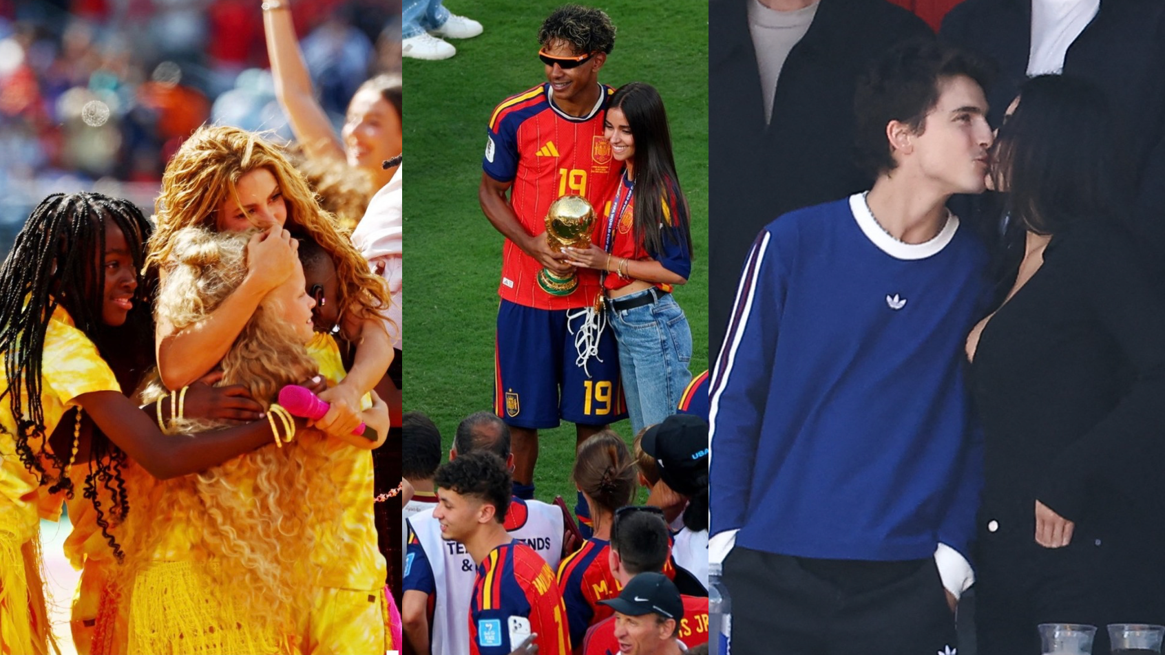 Momenty z World Cup 2026, New Jersey, 19.7.2026 - Shakira počas vystúpenia Halftime Show, Lamine Yamal s priateľkou po výhre, Timothee Chalamet s Kylie Jenner v hľadisku