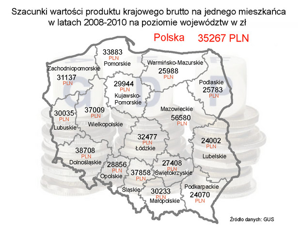 Szacunki wartości produktu krajowego brutto na jednego mieszkańca w latach 2008-2010 na poziomie województw