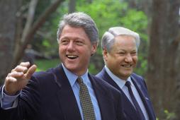 Vancouver, Canada. Russian President Boris Yeltsin (R) and U.S. President Bill Clinton on a walk in 