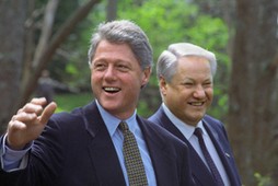 Vancouver, Canada. Russian President Boris Yeltsin (R) and U.S. President Bill Clinton on a walk in 