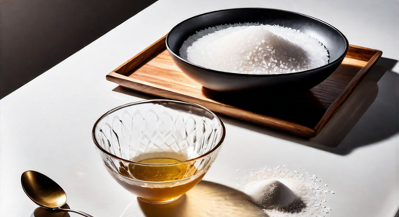 An image of a brown bowl with salt and a glass ( Hotpot.ai )