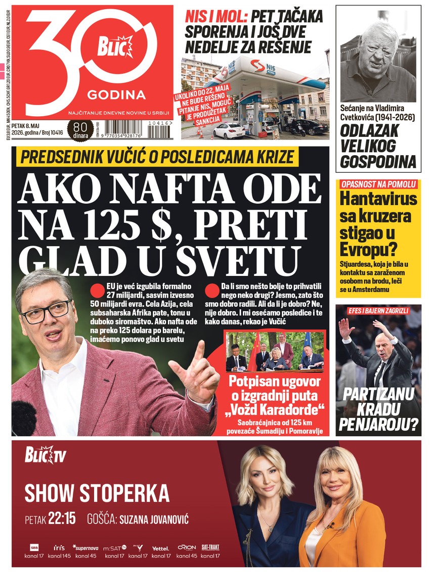 Blic naslovna strana za 8.5.
