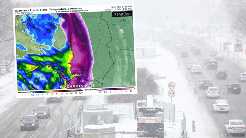 Śnieżyce i wichury pędzą na Polskę. To będzie niebezpieczny piątek (mapa: wxcharts.com)