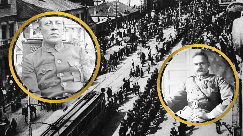 Symon Petlura i Józef Piłsudski. W tle polskie i ukraińskie wojska wkraczające do Kijowa w 1920 r.