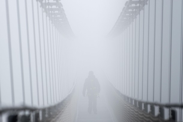 Heavy Fog on Pedestrian Suspension Bridge in Germany