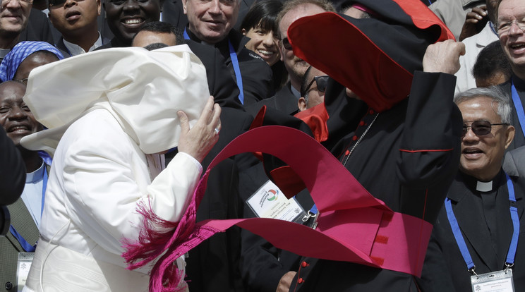 A Ferenc pápa és a vatikáni audencia résztvevője is próbált ellenállni / Fotó: MTI AP Alessandra Tarantino 