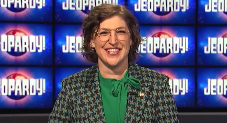 Mayim Bialik gives an interview on the set of Jeopardy!ABC