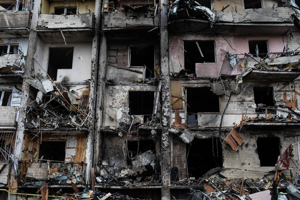 A fire damaged building following a blast at around 4am during Russian artillery strikes in Kyiv, Ukraine, on Friday, Feb. 25, 2022. Ukraine’s president said Moscow-led forces were continuing attacks on military and civilian targets on the second day of their invasion after the U.S. and its allies imposed new sanctions on Moscow and U.S. President Joe Biden warned of "a dangerous moment for all of Europe." Photographer: Erin Trieb/Bloomberg