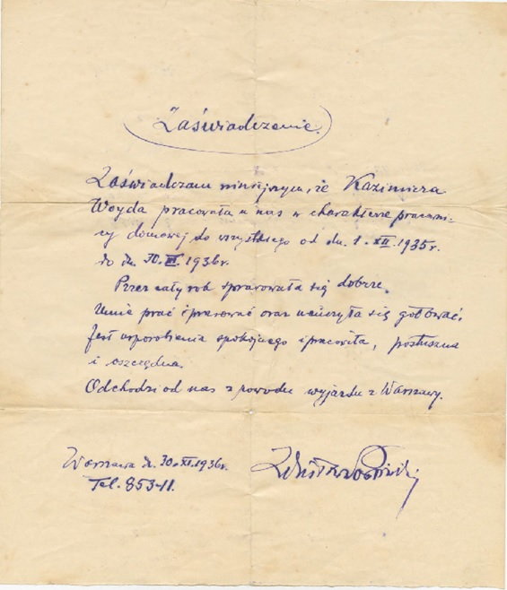 Zaświadczenie o pracy wydane dla służącej Kazimiery Woydy (1936-1939)