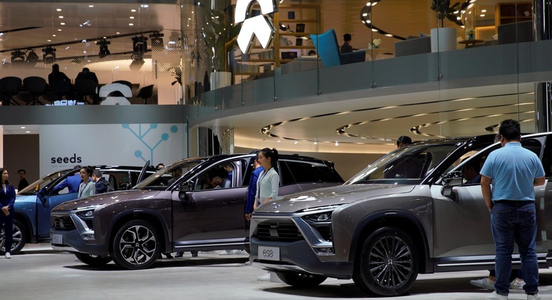 NIO ES8 electric SUVs are seen displayed at the second media day for the Shanghai auto show in Shanghai