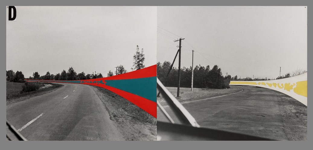 Zbigniew Dłubak  Propozycja zagospodarowania Trasy Muzeum – Zalew Zegrzyński, 1971 kolaż, fotografia, akryl, papier na sklejce, 50 × 110 cm,  Muzeum Narodowe w Warszawie