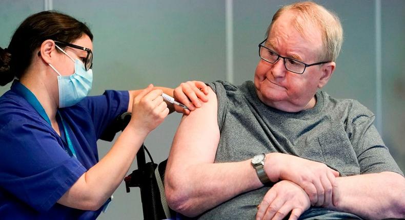 Svein Andersen, 67, is first in Norway to receive the Pfizer-Biontech COVID-19 vaccine in Oslo, Norway, on December 27, 2020.
