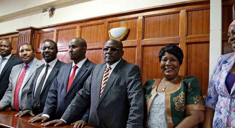 MPs Moses Kuria (Gatundu South), Ferdinand Waititu (Kabete), Timothy Bosire (Kitutu Masaba), Junet Mohamed (Suna East), Machakos Senator Johnson Muthama and woman representatives Florence Mutua (Busia) and Aisha Jumwa (Kilifi) at Milimani law courts for a hearing on their hate speech cases, June 16, 2016. 