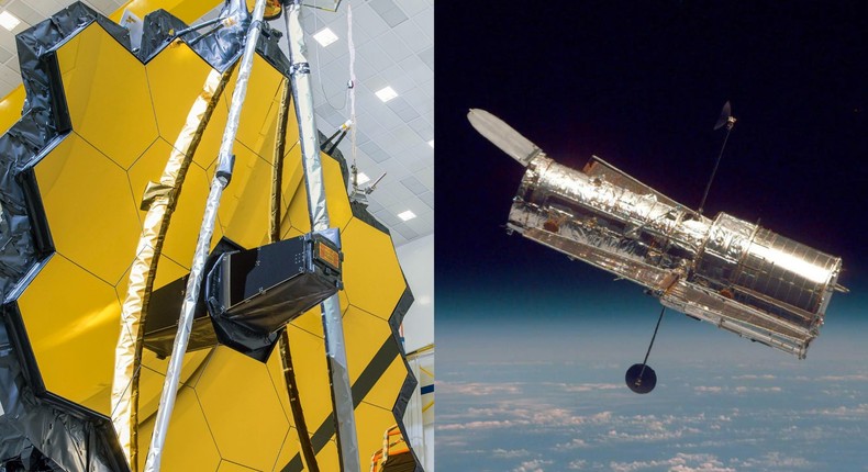 The James Webb Space Telescope, left, is 100 times more powerful than Hubble, right.NASA/Chris Gunn; NASA