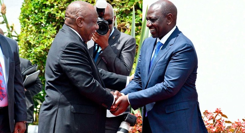 President William Ruto (right) welcomes South African President Cyril Ramaphosa at State House Nairobi on November 9, 2022