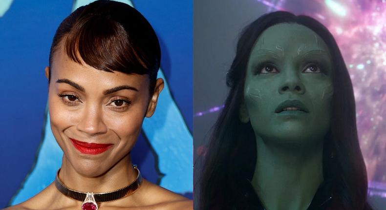 Zoe Saldaa at the Avatar: The Way of Water premiere and as Gamora in the Marvel Cinematic Universe.Frazer Harrison/WireImage/Marvel Studios