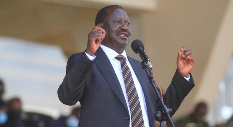 Azimio presidential flagbearer Raila Odinga gives his tribute to former President Mwai Kibaki during State Funeral Service held at the Nyayo Stadium on April 29, 2022