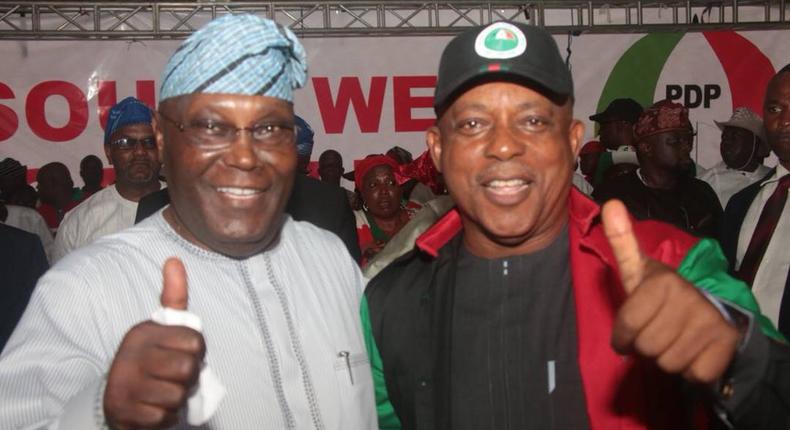 Atiku Abubakar, PDP presidential candidate in the 2019 election with PDP chairman, Uche Secondus (ThisDay)